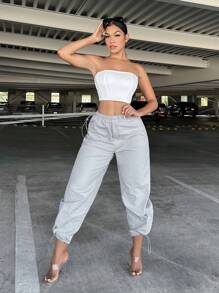 SHEIN SXY Solid Drawstring Waist Trousers - Light Grey - View 1