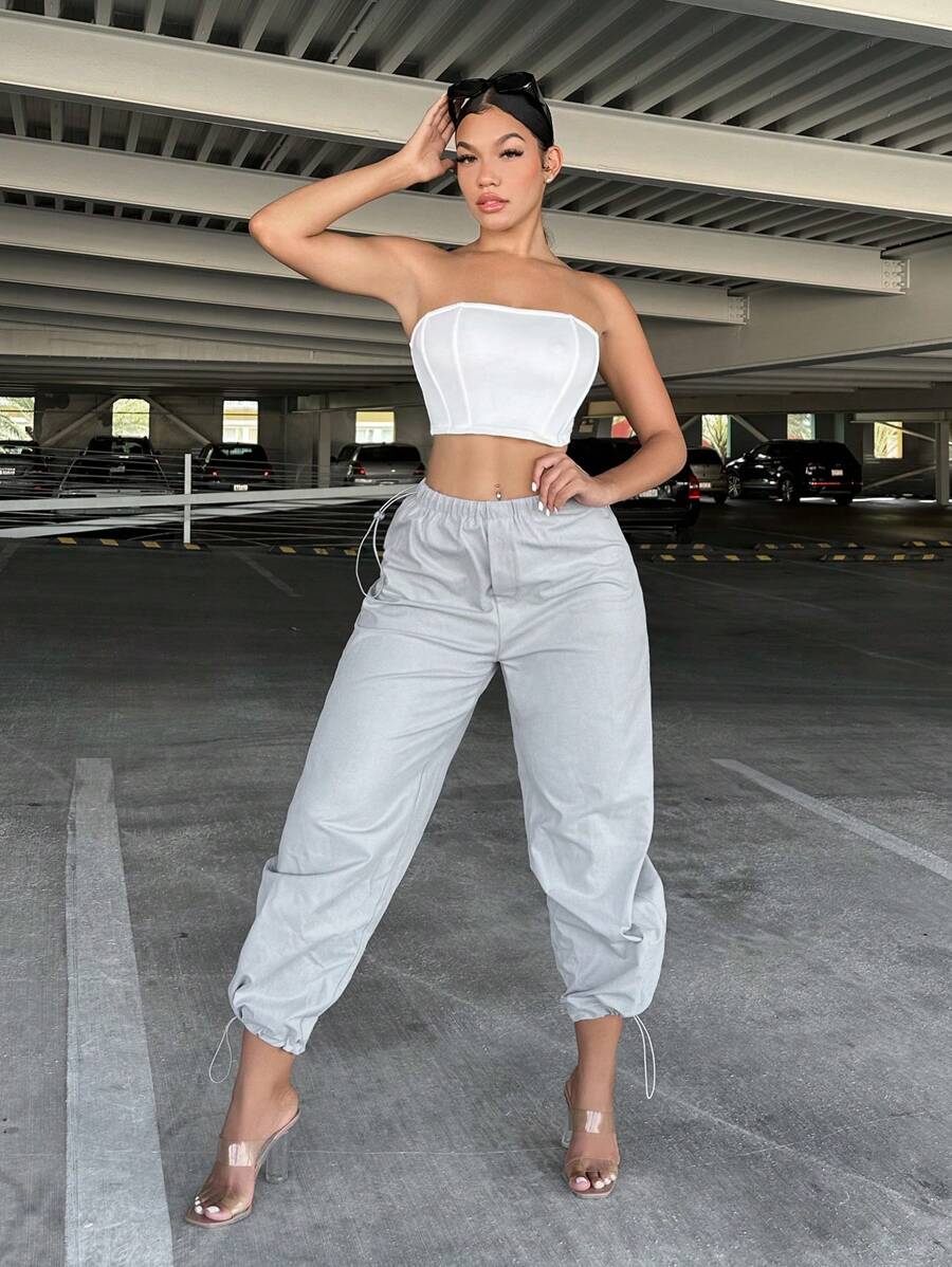 SHEIN SXY Solid Drawstring Waist Trousers - Light Grey - View 1