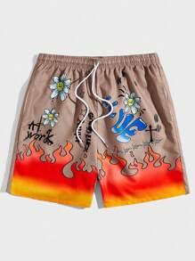 ROMWE MEN Street Life Quần short cạp rút họa tiết hoa và chữ Fire dành cho nam, đi học - Màu Khaki - Xem 1