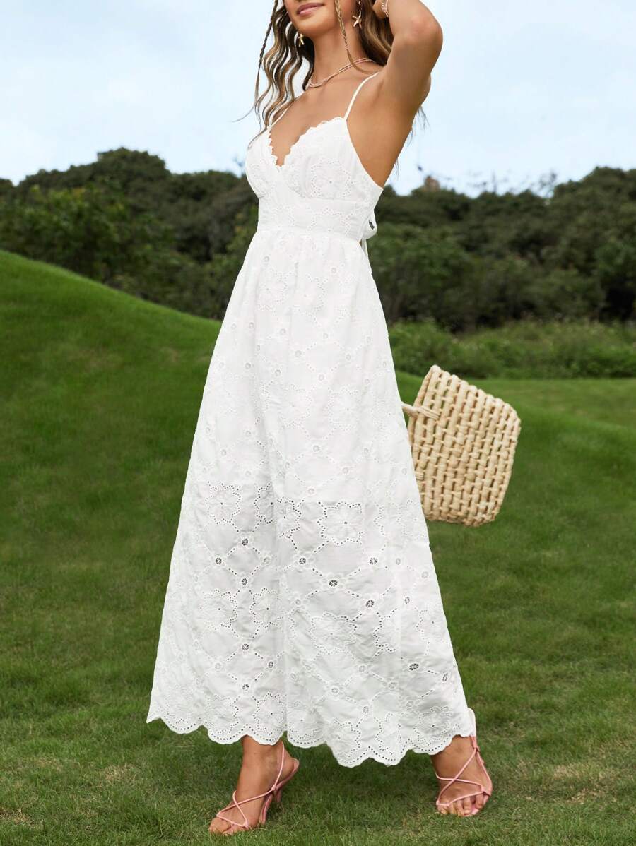 Soleia Solid Tie Backless Eyelet Embroidery Cami Dress - White - View 1