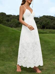 Soleia Solid Tie Backless Eyelet Embroidery Cami Dress - White - View 4