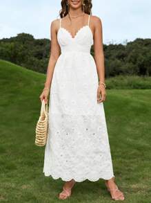 Soleia Solid Tie Backless Eyelet Embroidery Cami Dress - White - View 6