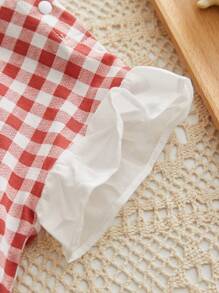 女婴夏季清凉格子飞机袖连体衣，印花图案 - 紅白色 - 查看 3