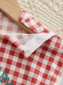 女婴夏季清凉格子飞机袖连体衣，印花图案 - 紅白色 - 查看 8
