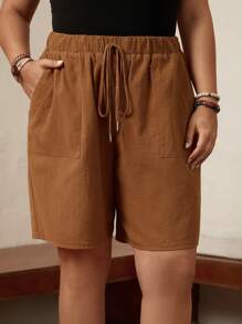 SHEIN LUNE 大碼腰部打結斜口袋短褲 - 棕色 - 查看 5