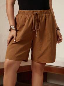SHEIN LUNE 大碼腰部打結斜口袋短褲 - 棕色 - 查看 6