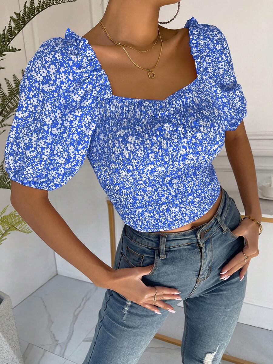 Breezaya Ditsy Floral Print Puff Sleeve Crop Blouse - Blue and White - View 1