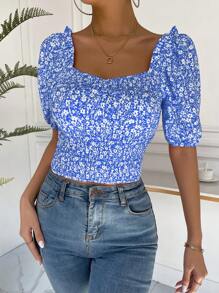 Breezaya Ditsy Floral Print Puff Sleeve Crop Blouse - Blue and White - View 4