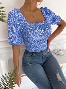 Breezaya Ditsy Floral Print Puff Sleeve Crop Blouse - Blue and White - View 5