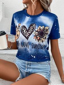 SHEIN LUNE 愛心和字母圖案T恤 - 藍色 - 查看 5