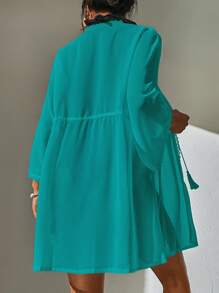 Kimono Nữ Tương phản ren Thắt nơ trước màu trơn - Màu xanh ngọc - Xem 2