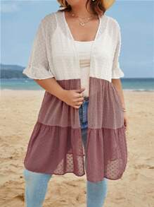 SHEIN VCAY Plus Colourblock Flounce Sleeve Ruffle Hem Chiffon Kimono Without Cami Top - Multicolor - View 3