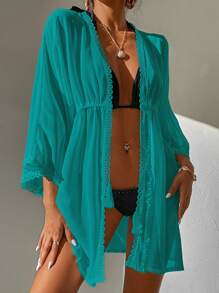 Kimono Nữ Tương phản ren Thắt nơ trước màu trơn - Màu xanh ngọc - Xem 5