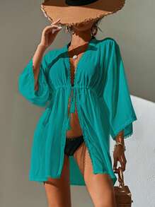 Kimono Nữ Tương phản ren Thắt nơ trước màu trơn - Màu xanh ngọc - Xem 6