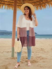 SHEIN VCAY Plus Colourblock Flounce Sleeve Ruffle Hem Chiffon Kimono Without Cami Top - Multicolor - View 5