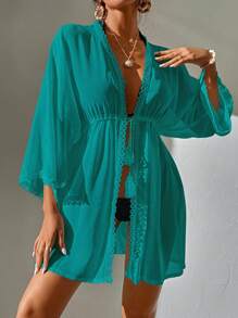 Kimono Nữ Tương phản ren Thắt nơ trước màu trơn - Màu xanh ngọc - Xem 7