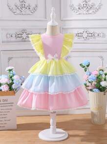 SHEIN 女童夏季公主撞色短款荷葉邊袖蕾絲飾邊蝴蝶結分層連衣裙