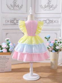 SHEIN 女童夏季公主撞色短款荷葉邊袖蕾絲飾邊蝴蝶結分層連衣裙