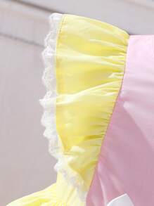 SHEIN 女童夏季公主撞色短款荷葉邊袖蕾絲飾邊蝴蝶結分層連衣裙