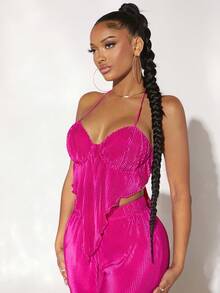 SHEIN SXY 後背繫帶手帕下擺掛脖上衣 - 玫紅色 - 查看 3