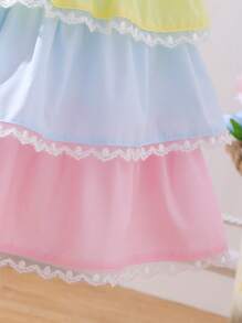 SHEIN 女童夏季公主撞色短款荷葉邊袖蕾絲飾邊蝴蝶結分層連衣裙