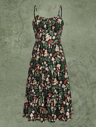 Inna Moreva Fairycore فستان كامي بطباعة فطر طية صدر