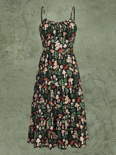 Inna Moreva Fairycore Mushroom Print Ruched Bust Cami Dress