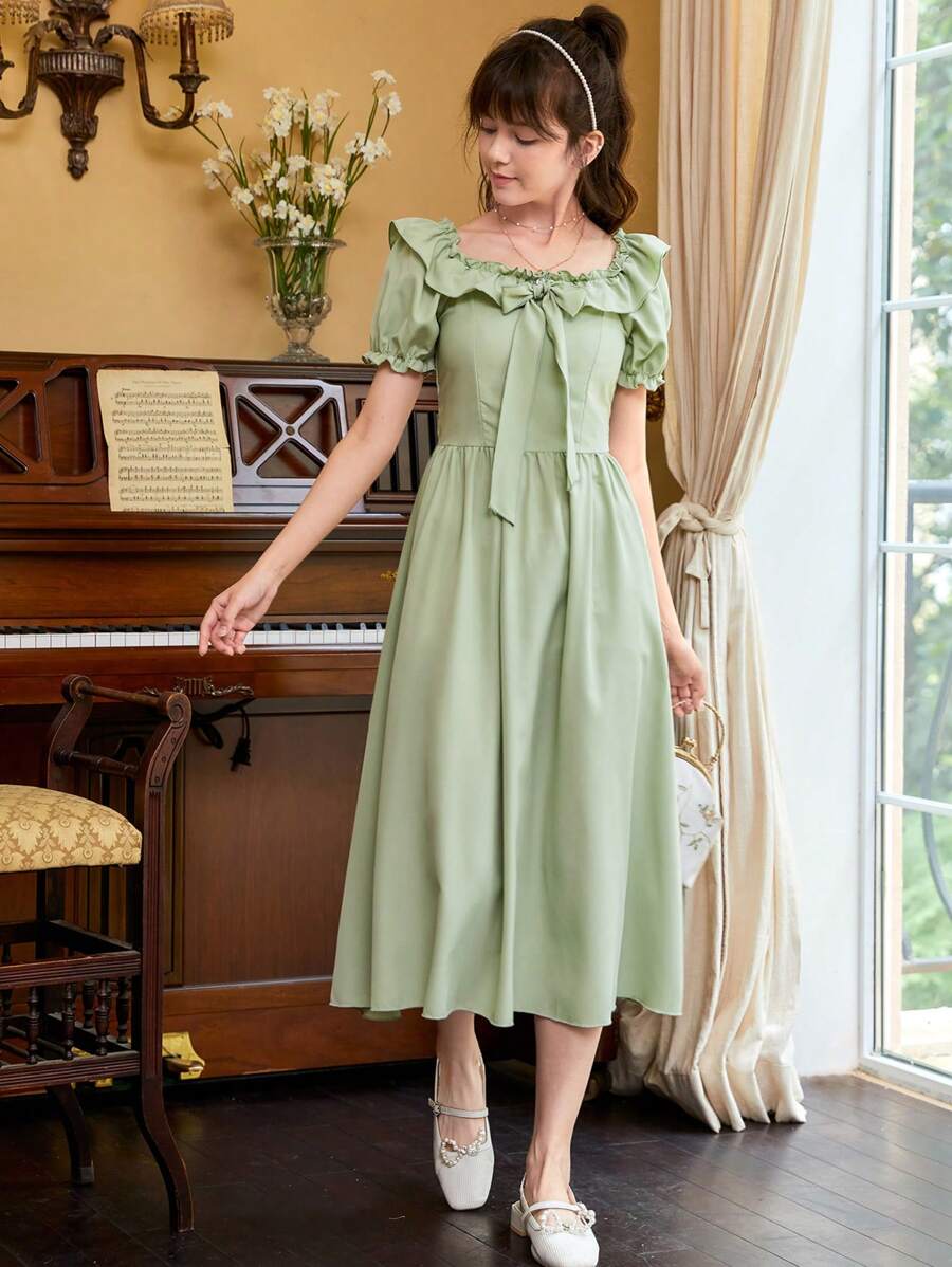 SHEIN Teen Girls Ruffle Trim Knot Front Puff Sleeve Dress - Mint Green - View 1