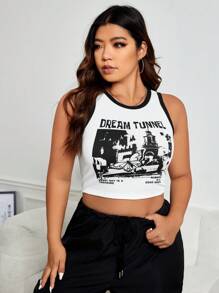 SHEIN EZwear 大碼蝴蝶和字母圖案撞色滾邊短款背心 - 白色 - 查看 5
