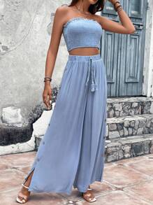 SHEIN VCAY Frill Trim Tube Top & Wide Leg Trousers - Baby Blue - View 4