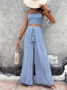SHEIN VCAY Frill Trim Tube Top & Wide Leg Trousers - Baby Blue - View 3