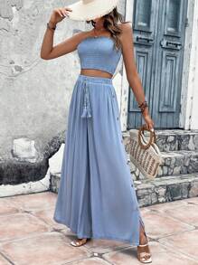 SHEIN VCAY Frill Trim Tube Top & Wide Leg Trousers - Baby Blue - View 6