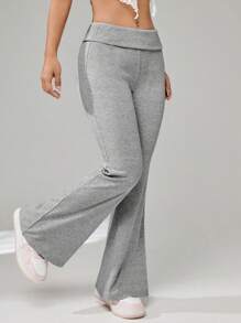 SHEIN EZwear 女式 PU 皮革纯色喇叭裤，低腰翻边腰带