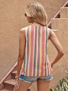 SHEIN LUNE 復古休閒多色條紋V領無袖女襯衫，半鈕扣前片 - 彩色 - 查看 2