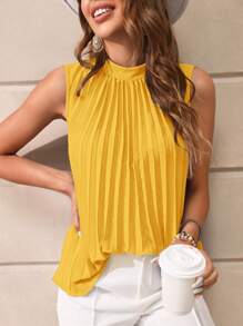 SHEIN Clasi 素色百褶細節無袖襯衫 - 芥末黃 - 查看 1