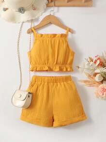 小女童荷葉邊吊帶上衣和短褲套裝 - 黃色 - 查看 1