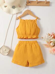 小女童荷葉邊吊帶上衣和短褲套裝 - 黃色 - 查看 2