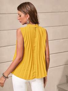 SHEIN Clasi 素色百褶細節無袖襯衫 - 芥末黃 - 查看 2