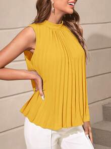 SHEIN Clasi 素色百褶細節無袖襯衫 - 芥末黃 - 查看 3