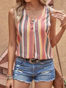 SHEIN LUNE 復古休閒多色條紋V領無袖女襯衫，半鈕扣前片 - 彩色 - 查看 1