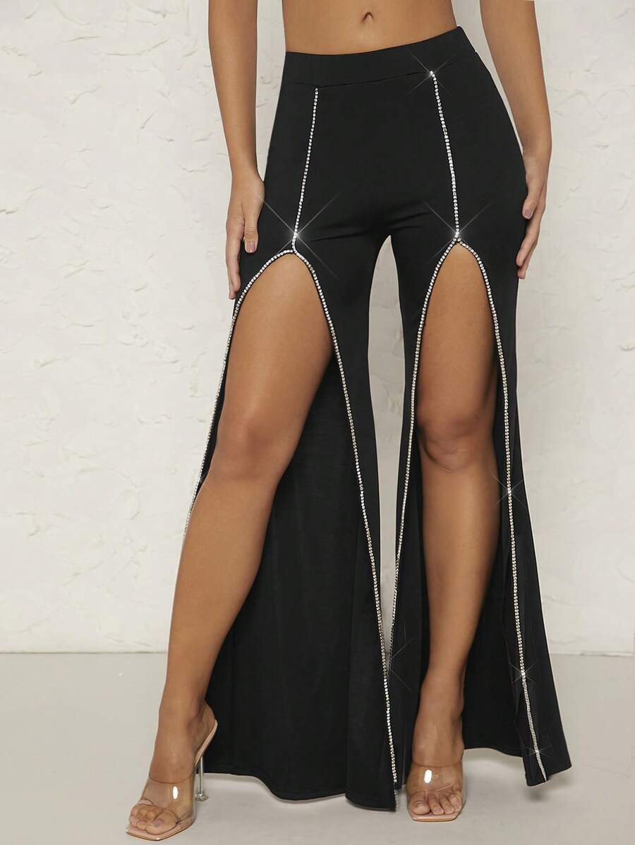 Hauture Rhinestone Detail Split Thigh Pants - Black - View 1