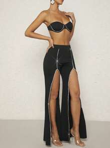 Hauture Rhinestone Detail Split Thigh Pants - Black - View 5