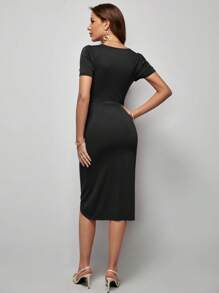 SHEIN Clasi Solid Wrap Hem Dress - Black - View 2