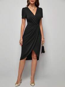SHEIN Clasi Solid Wrap Hem Dress - Black - View 4
