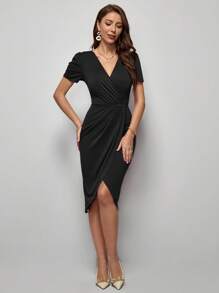 SHEIN Clasi Solid Wrap Hem Dress - Black - View 6