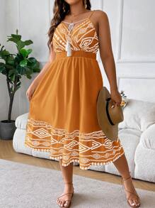 SHEIN LUNE Đầm Plus Size mép Trọn gói Dải chun Hình học Boho - trái cam - Xem 1