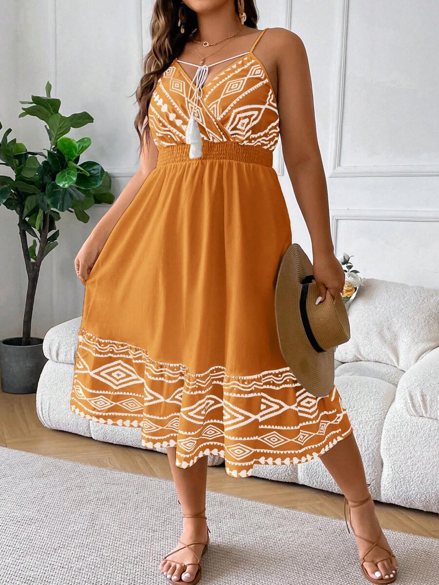 SHEIN LUNE Đầm Plus Size mép Trọn gói Dải chun Hình học Boho - trái cam - Xem 1