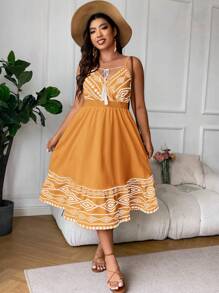 SHEIN LUNE Đầm Plus Size mép Trọn gói Dải chun Hình học Boho - trái cam - Xem 3