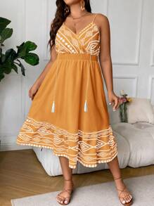 SHEIN LUNE Đầm Plus Size mép Trọn gói Dải chun Hình học Boho - trái cam - Xem 4
