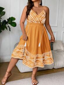 SHEIN LUNE Đầm Plus Size mép Trọn gói Dải chun Hình học Boho - trái cam - Xem 5